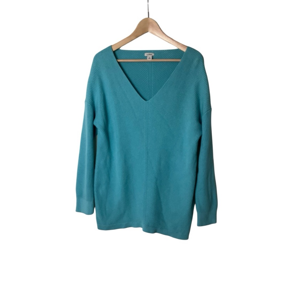 LL Bean Cotton Ribbed Sweater Teal Blue V Neck XL